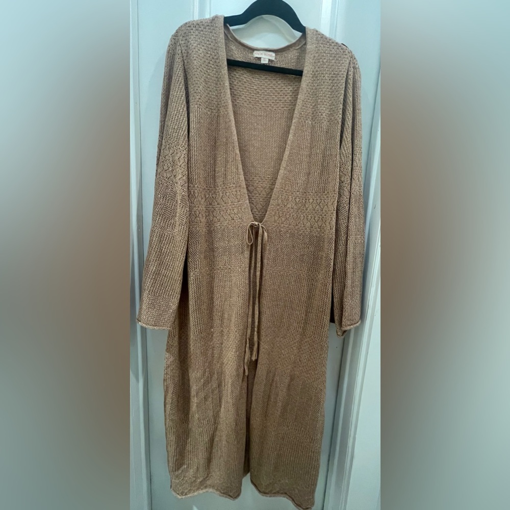 Knox Rose Long Open Knit Cardigan in Beige Tan
